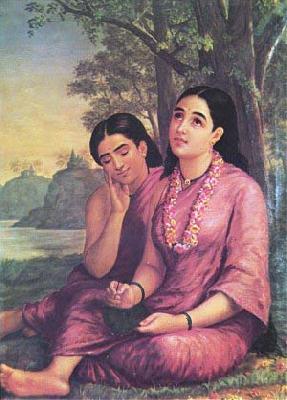 Raja Ravi Varma Shakuntala writes to Dushyanta. France oil painting art